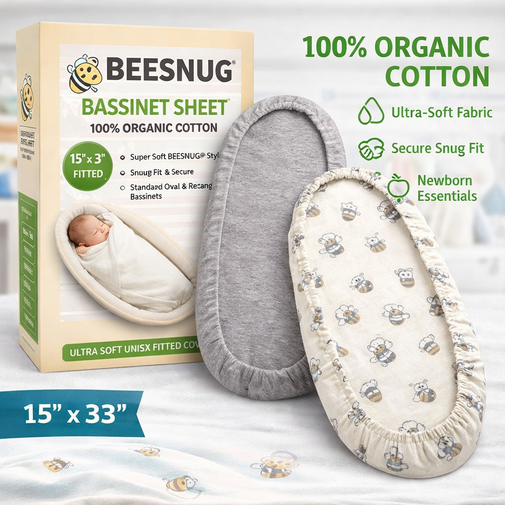 Bassinet Sheet, Infant Fitted BEESNUG Cover, 100% Organic Cotton, Soft Unisex Newborn Essentials for All Standard Oval or Rectangle Bassinet Bed Pads or Mattresses - 15 x 33 Inches
